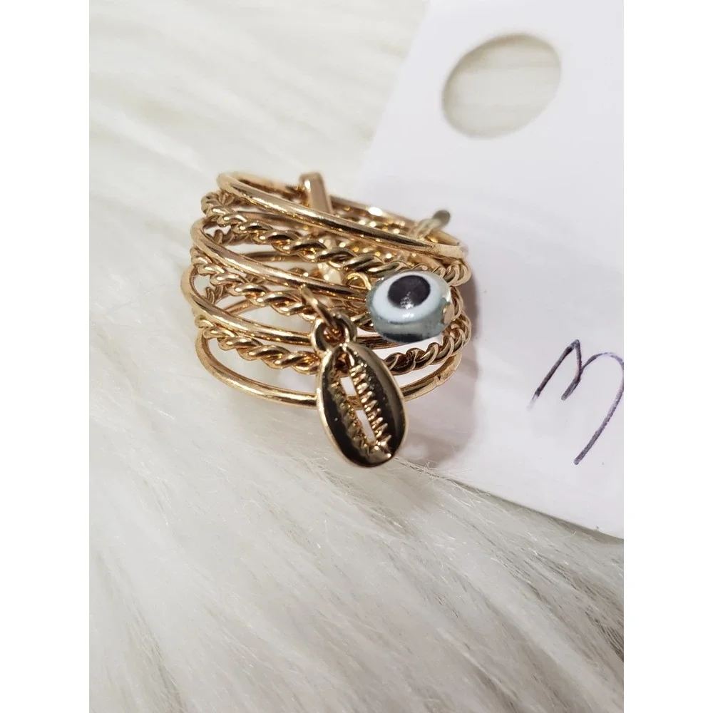 NEW SIZE 6 STACKED set of 6 EVIL EYE gold tone‎ rings nautical beach tropical